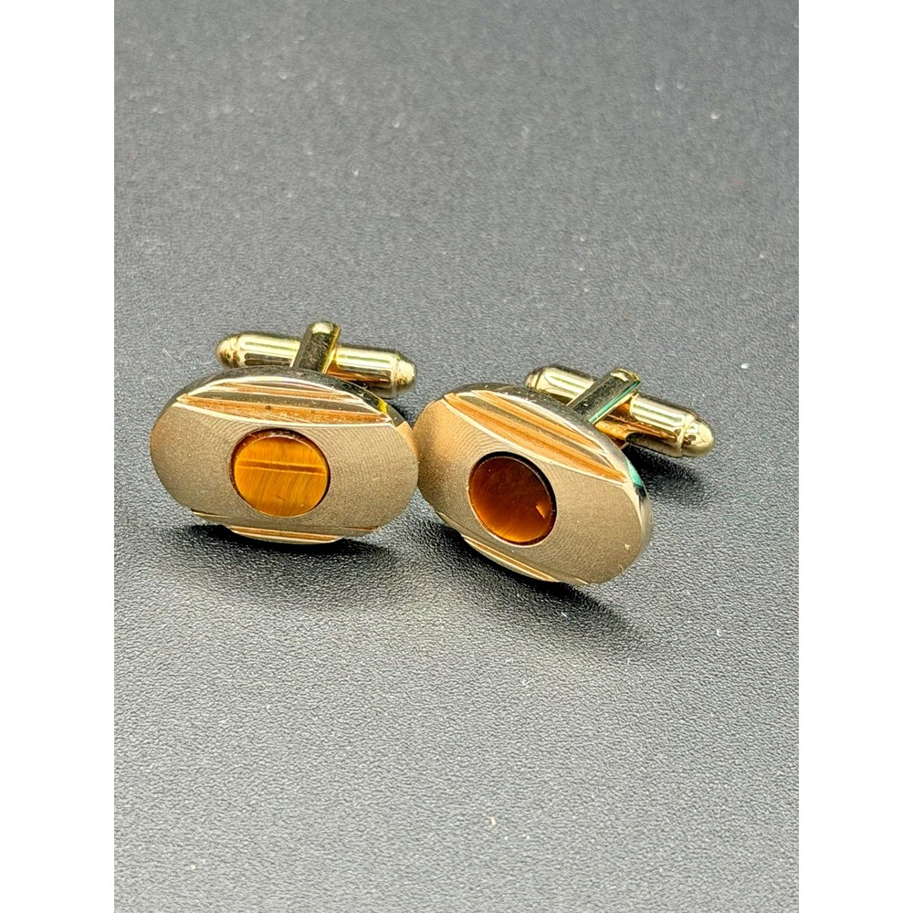 Vintage Gold Tone Cufflinks Lot – Tiger's Eye & Green Cabochon Mid Century Style - Picture 3 of 4